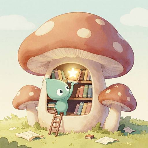 Whimsical Alien Exploring a Mushroom Library