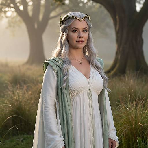 Photograph of a fair-skinned woman with long silver hair, wearing a white dress, green cloak, and floral crown, standing in a misty