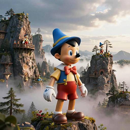 CGI image of a cartoon boy with a blue hat, red bowtie, and yellow shirt, standing on a mountain ledge, surrounded by fantasy rock