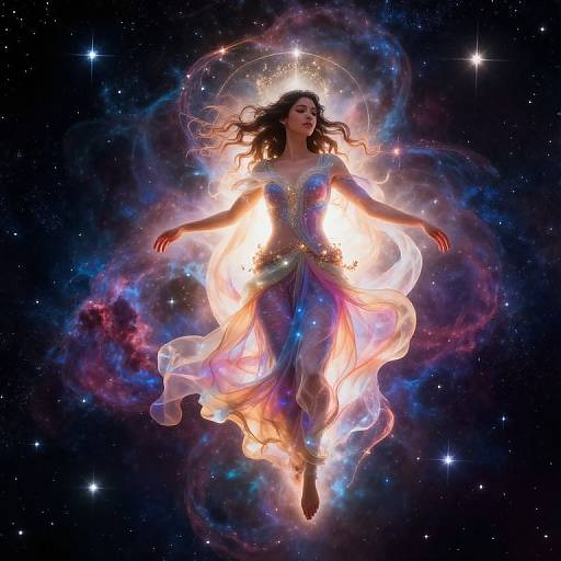 Digital artwork of a floating woman in a glowing, ethereal dress, surrounded by cosmic light and nebulae in a starry space.