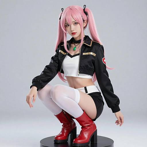 Photorealistic digital artwork of a pink-haired anime girl in black jacket, white crop top, black shorts, white thigh-high socks, red boots,