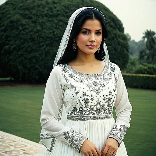 Elegant Woman in White Nikkah Dress Outdoors