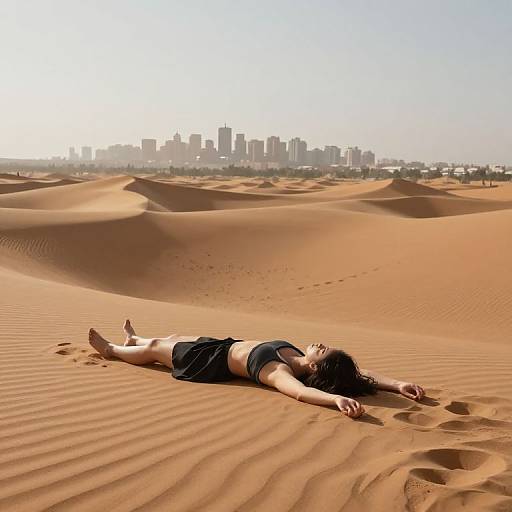 Photograph of a woman with long black hair, lying on her back in a sunlit desert, wearing a black crop top and shorts, with a