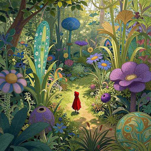 Vibrant, whimsical digital illustration of a fairy tale forest with giant flowers, colorful mushrooms, and a small red-caped figure walking down a