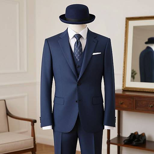 Photograph of a black-suited mannequin in a tailored navy suit, white shirt, black patterned tie, and black bowler hat,