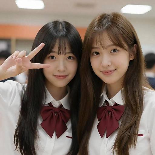 Smiling Schoolgirls in Red Bows