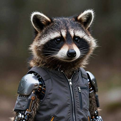 Photograph of a raccoon in a black, armored, futuristic jacket with metallic shoulder pads, standing in a blurred forest background.