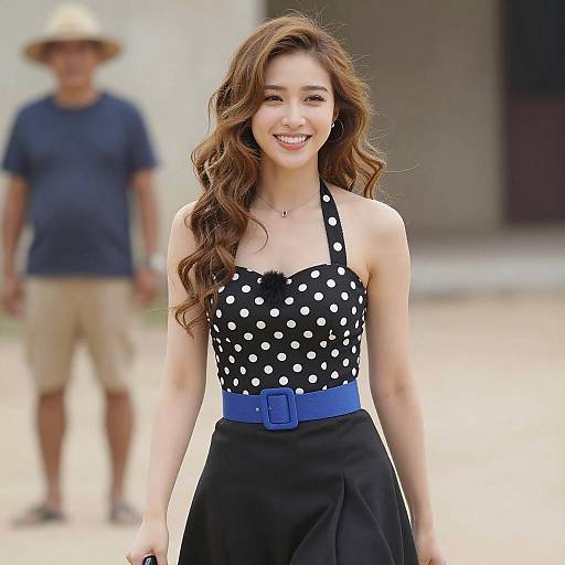 Smiling Woman in Polka Dot Outfit