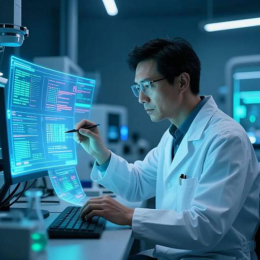 Photograph of a focused male scientist with glasses, white lab coat, and dark hair, using a computer while holding a pen in a brightly lit,