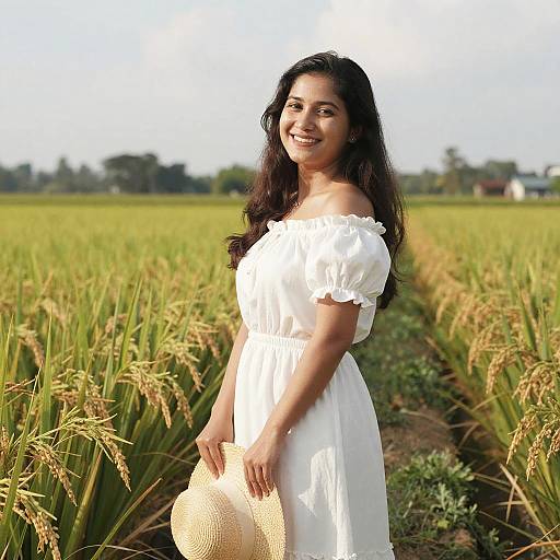 Photograph of a smiling South Asian woman with long dark hair, wearing a white off-shoulder dress, standing in a golden wheat field, holding