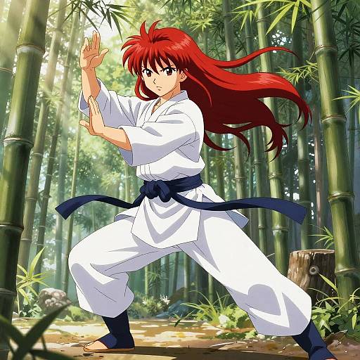 Anime Red Hair Martial Artist in Bamboo Dojo