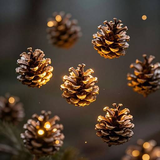 Photograph of glowing pine cones with warm, yellow fairy lights, floating against a dark, blurred background, creating a festive, cozy atmosphere.