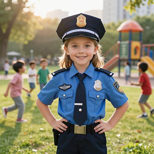 Photograph of a smiling young white girl in a blue police uniform with black hat, hands on hips, in a sunlit park playground with blurred children