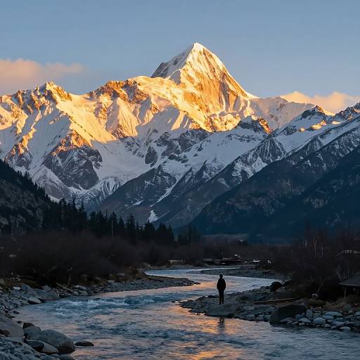 Photograph of a lone figure standing by a reflective river in front of a majestic, sunlit snow-capped mountain range at sunset.