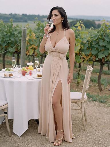 Woman in Peach Maxi Dress at Vineyard