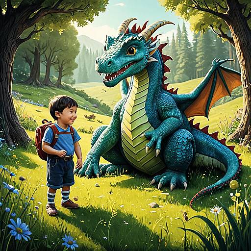 Child with Friendly Baby Dragon in Enchanted Meadow