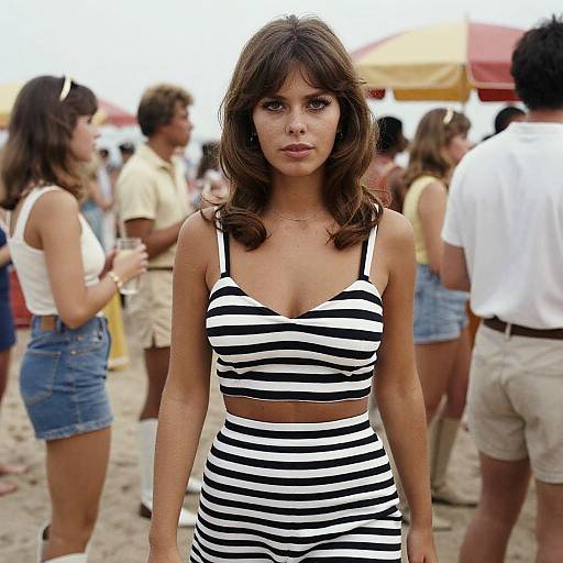 Photograph of a young woman with brown hair, wearing a black-and-white striped crop top and skirt, standing at a beach crowded with people in casual
