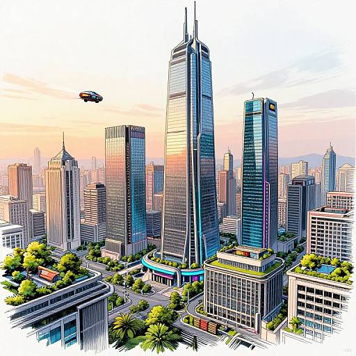 Digital illustration of a vibrant, modern cityscape at sunset, featuring tall skyscrapers with reflective glass, a helicopter in the sky, and lush green