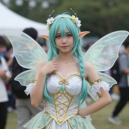 Photograph of an Asian woman in a fairy cosplay, with teal hair, elf ears, transparent wings, white and gold dress, and flower crown,