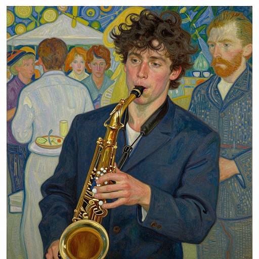 Vincent van Gogh-style painting of a curly-haired man playing a golden saxophone, surrounded by people in colorful, patterned attire.