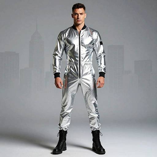 Confident Man in Metallic Jumpsuit