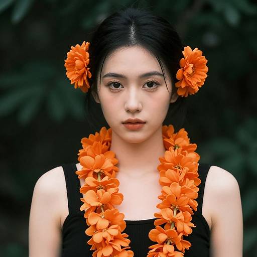 Photograph of an Asian woman with black hair, wearing a black dress, adorned with vibrant orange flower lei and matching flowers in her hair, against a