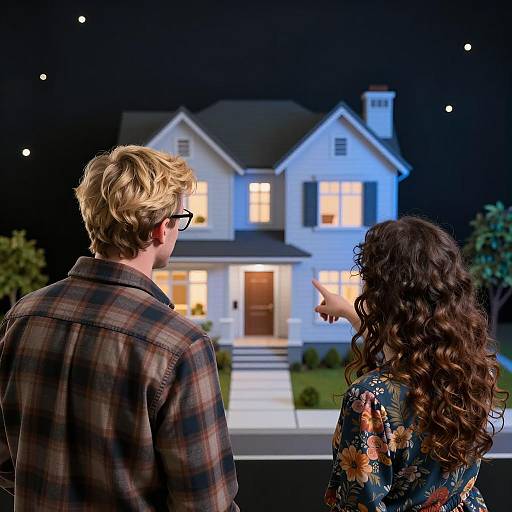 Couple Viewing Blue-Lit Model House at Night