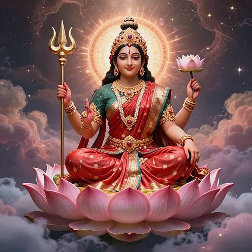 Digital artwork of a radiant Hindu goddess with dark skin, red and green saree, gold jewelry, holding a trident and lotus, seated on