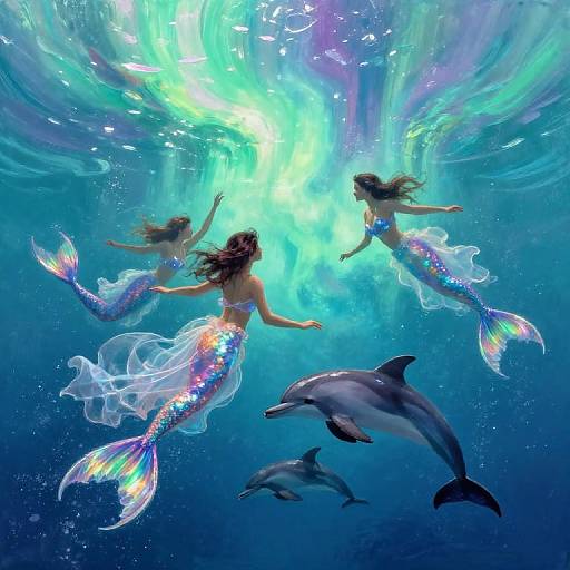 Digital illustration of three mermaids with iridescent tails, floating underwater, surrounded by dolphins, bathed in vibrant, glowing blue light.