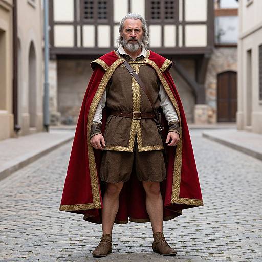 Photograph of a middle-aged white man with a gray beard, wearing a brown tunic, red and gold-trimmed cape, and brown boots