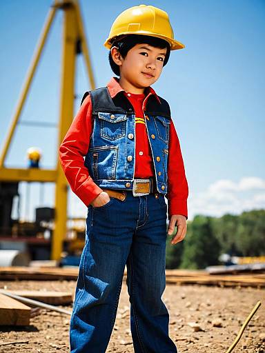 Boy in Hard Hat and Denim Vest on Construction Site