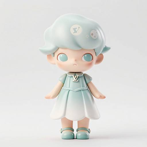 Digital CGI image of a chibi-style doll with light blue hair, large eyes, blue dress, and shoes, standing against a white background.