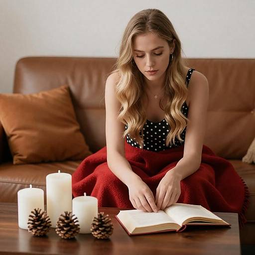 Contemplative Woman on Leather Couch