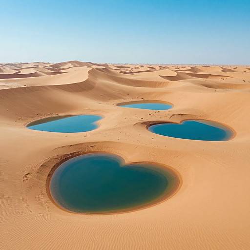 Photograph of a desert landscape with three heart-shaped oases in the sand, under a clear, bright blue sky.