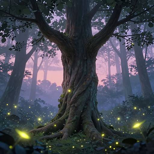 Mystical Ancient Tree with Fireflies