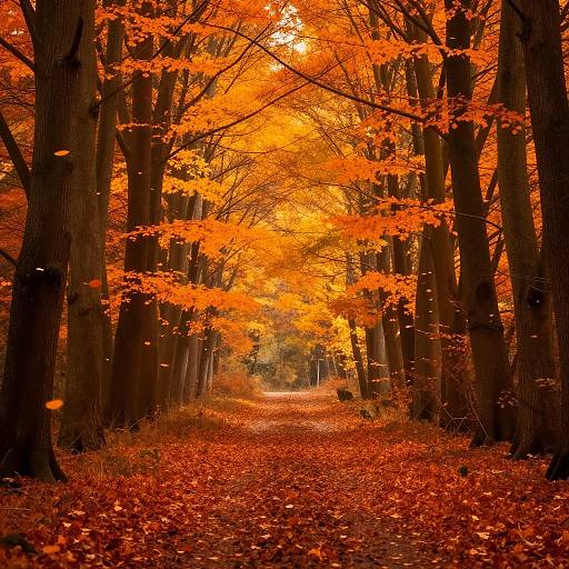 Photograph of a vibrant autumn forest path, lined with tall trees, their orange leaves creating a fiery canopy over a carpet of fallen leaves.