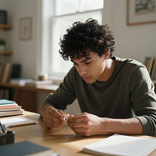 Photograph of a curly-haired young man in a green sweater, focused on assembling a small puzzle on a sunlit wooden table. Blurred background includes