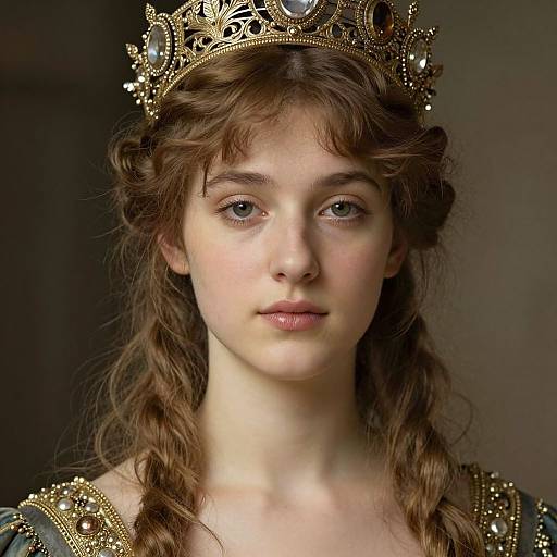 Photograph of a young woman with fair skin, brown wavy hair in braids, wearing an ornate gold crown and jeweled gown, with