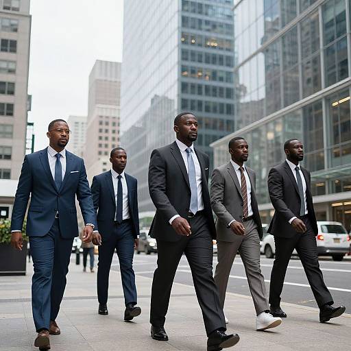 Photograph of five Black men in suits walking in a city street, surrounded by tall glass buildings, wearing white shirts and dark ties. Urban business attire