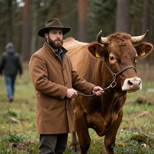 Bearded Man Holding Brown Cow in Forest