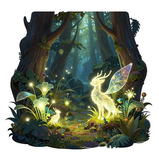 Digital fantasy art of a luminous fairy with iridescent wings amidst glowing fireflies, lush forest, and moonlit foliage.