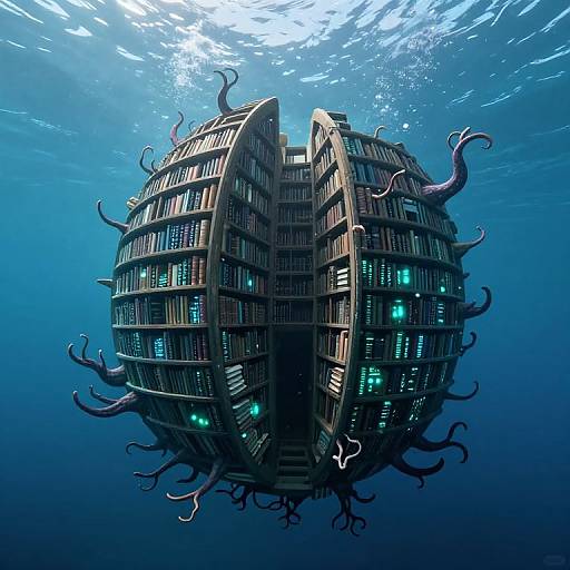 Photorealistic digital artwork of a surreal, cylindrical, book-filled floating structure with dark, tentacle-like appendages in a deep blue underwater setting.