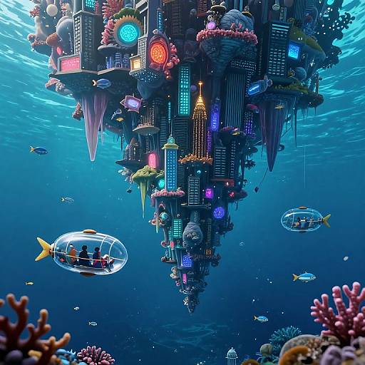 Digital artwork of a futuristic underwater cityscape adorned with neon lights, surrounded by fish in transparent bubbles and colorful coral.