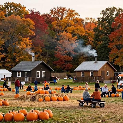 Photograph of autumn pumpkin patch with orange pumpkins, two wooden cabins, people sitting on benches, and colorful fall foliage. Smoke rises from one cabin