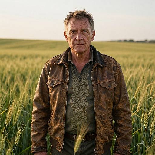 Photograph of an elderly, rugged man with short, spiky gray hair, wearing a worn brown leather jacket over a dark, patterned shirt,