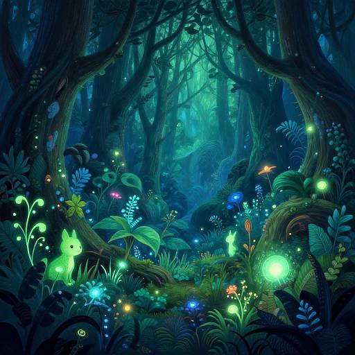 Enchanted forest illustration: glowing fireflies, bioluminescent plants, and luminous forest creatures illuminate a dense, mystical blue-green woodland with