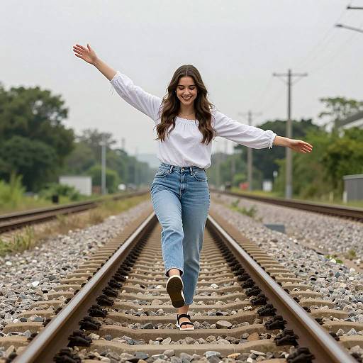 Young Woman Balancing on Railroad Tracks