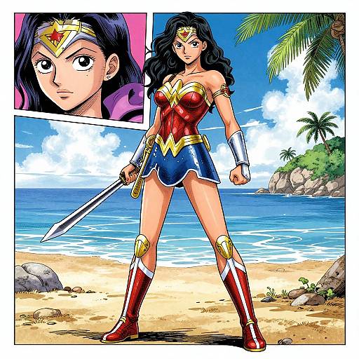 Colorful digital comic illustration of Wonder Woman standing confidently on a tropical beach with palm trees, blue ocean, and clear sky. Inset close-up of