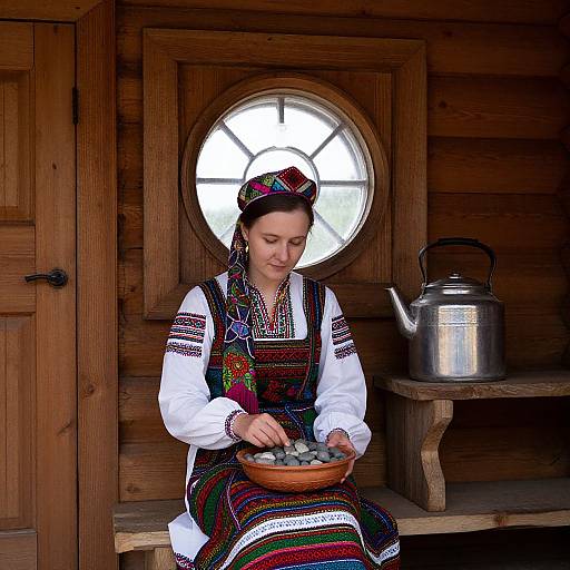 Photograph of a young woman in traditional embroidered dress and headscarf, sitting on wooden bench, sorting stones by a metal kettle.