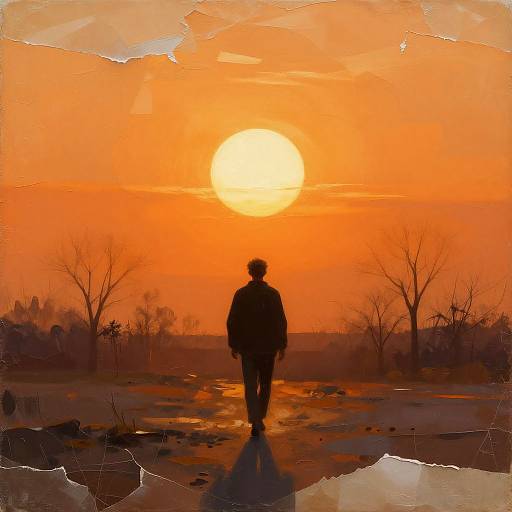 Silhouetted person walking toward a bright, orange sunset in a barren, tree-strewn landscape. Digital painting with textured, cracked edges.